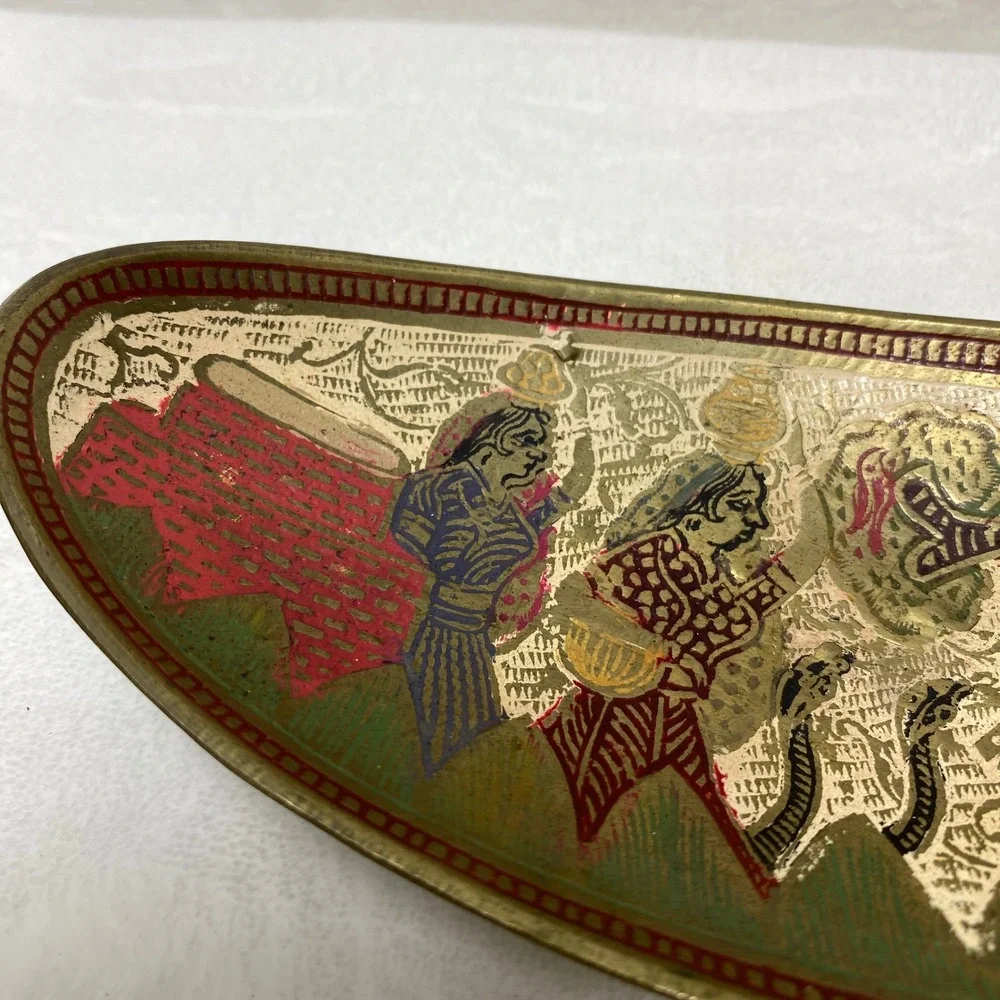 Vintage Decorative Brass Tray Hand‎ Painted Figurines Snake Scene